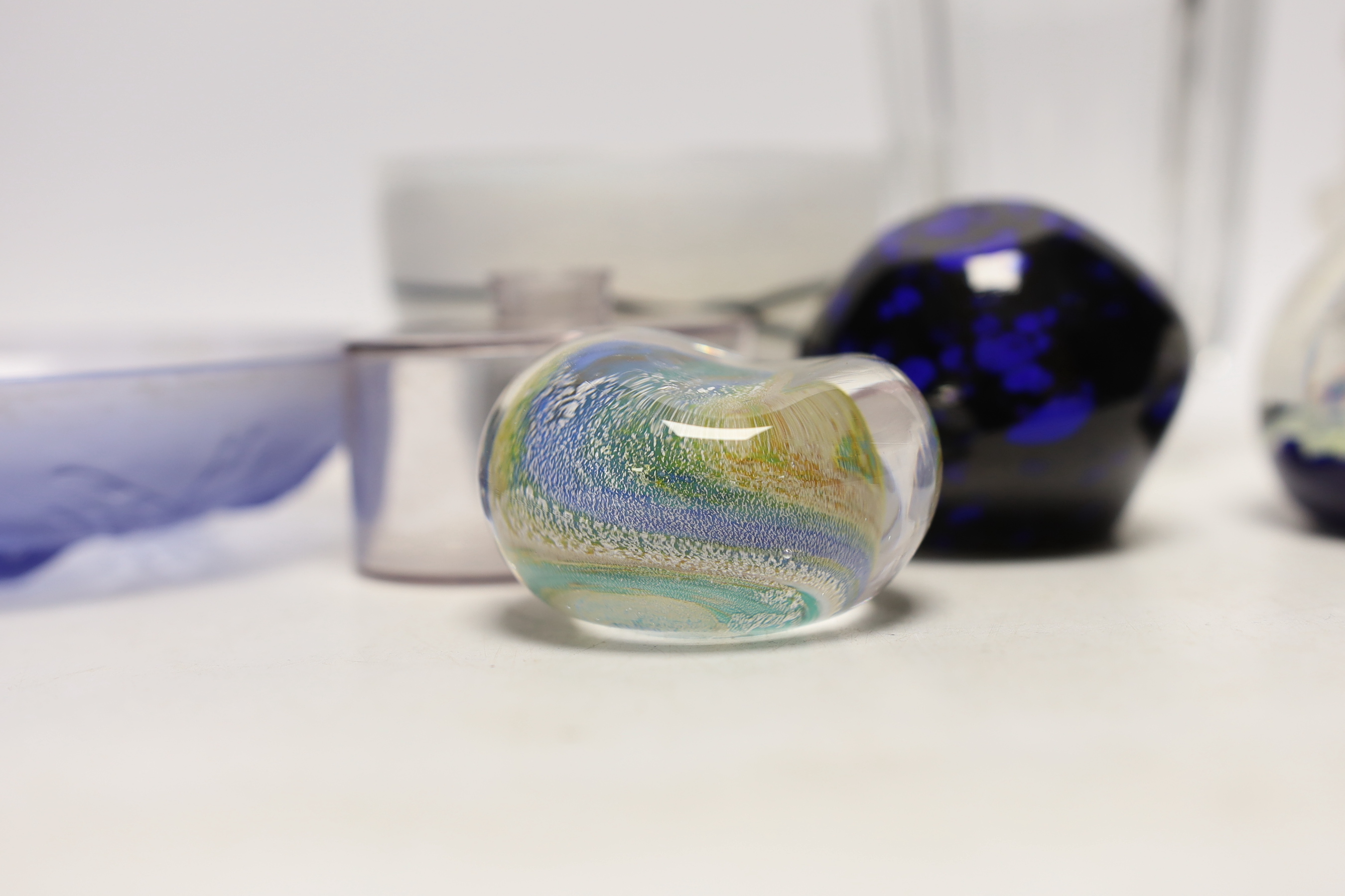 A collection of signed 20th century glassware, a Goebel cat, a Sabino dish, a bowl, an ink bottle, vase and three paperweights, vase 10.5cm